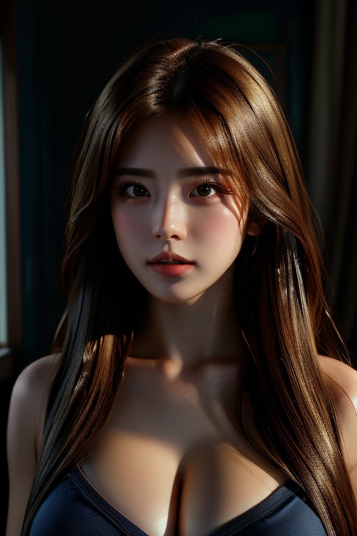 photorealistic, masterpiece, best quality, raw photo, 1girl, medium breasts, long hair, brown hair, collared shirt, looking at viewer, dynamic lighting, in the dark, deep shadow, low key, intricate detail, detailed skin, pore,