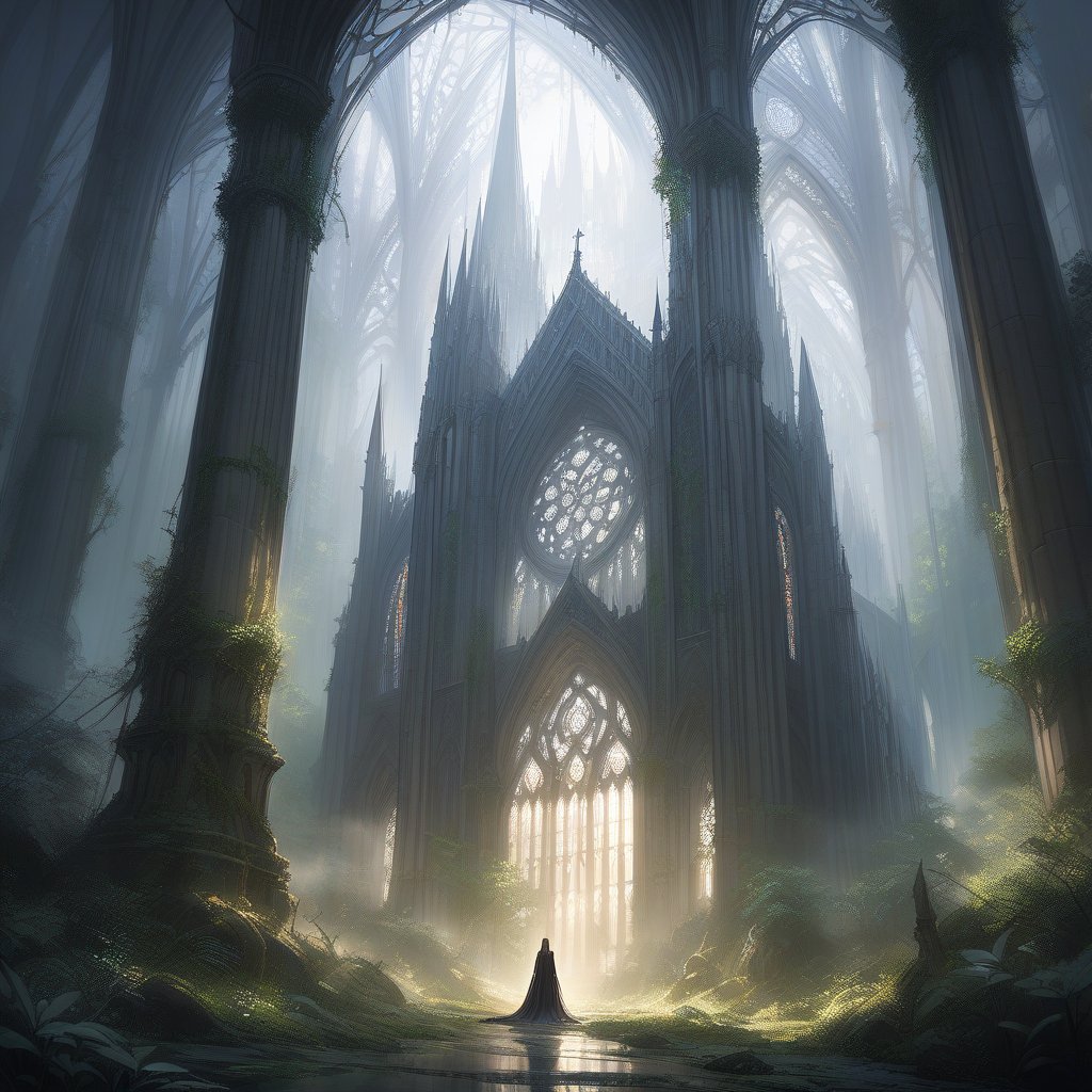 A misty morning in an ancient forest, an imposing gothic cathedral emerges through the fog, its towering spires and intricate stonework highlighted by the soft, diffused light. The composition captures the cathedral's grandeur, framed by the dense, verdant trees and swirling mist, creating a mystical and serene atmosphere.