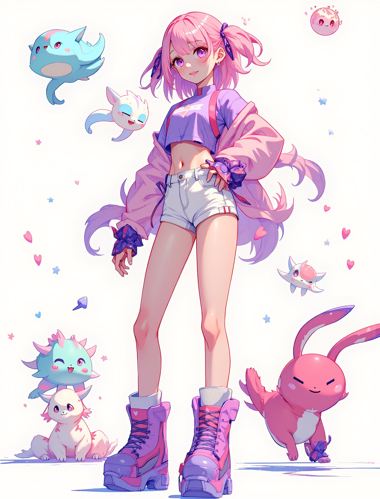 Anime-style 20yo sporty and confident 190cm tall-female character with long legs standing toward the camera,((FullBody shot)),  pink and purple color scheme, futuristic cyberpunk outfit, short white shorts, purple crop top, long pink hair with ribbons, platform boots, pastel colors, cute fantasy creatures floating nearby, energetic pose, soft lighting, kawaii aesthetic, digital art style