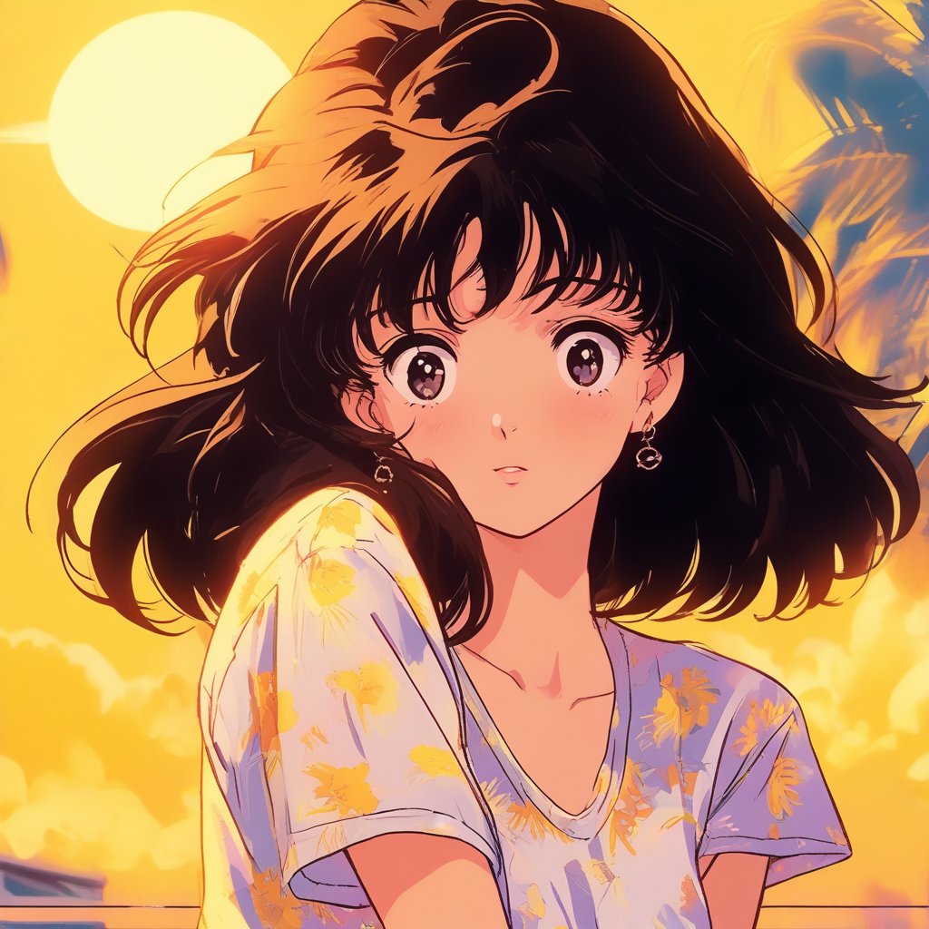 1980s 1girl, anime, lofi, summer daytime blight yellow background,