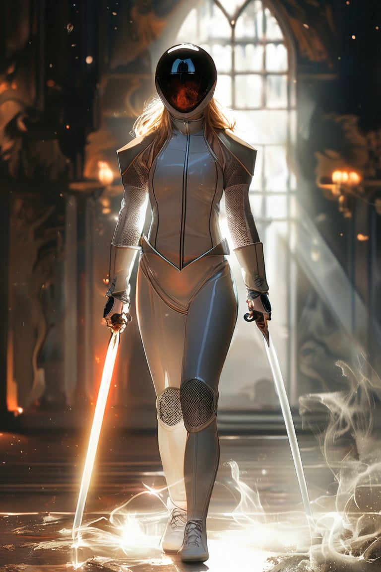 epic composition, cinematic lighting, masterpiece, a beautiful female sabre fencer, in full body white fencing uniform with protective helmet, she is in En Garde and holding Epee, blond hair, casting spell pose, frontal shot, fantasy background, full body portrait, dim volumetric lighting, 8k octane beautifully detailed render, intricate, 
