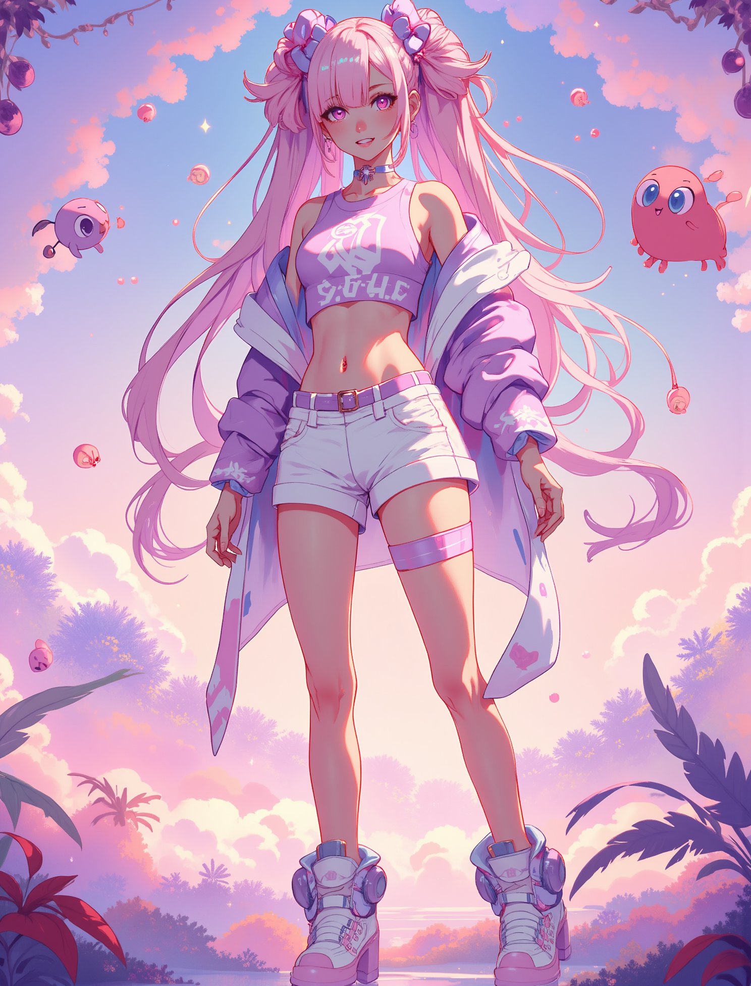 Anime-style 20yo sporty female character standing toward the camera,((FullBody shot)),  pink and purple color scheme, futuristic cyberpunk outfit, short white shorts, purple crop top, long pink hair with ribbons, platform boots, pastel colors, cute fantasy creatures floating nearby, energetic pose, soft lighting, kawaii aesthetic, digital art style