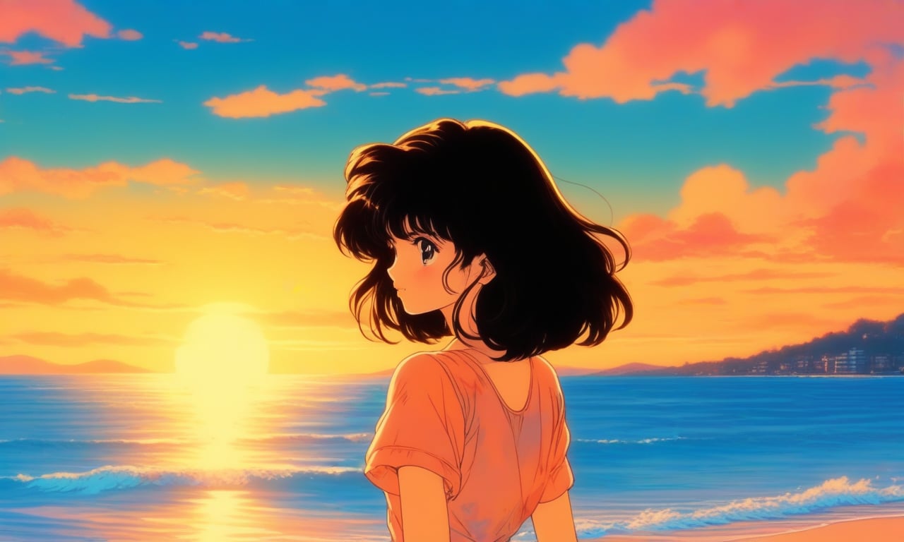 1980s 1girl, anime, lofi, summer daytime blight yellow sunset background, beach , 