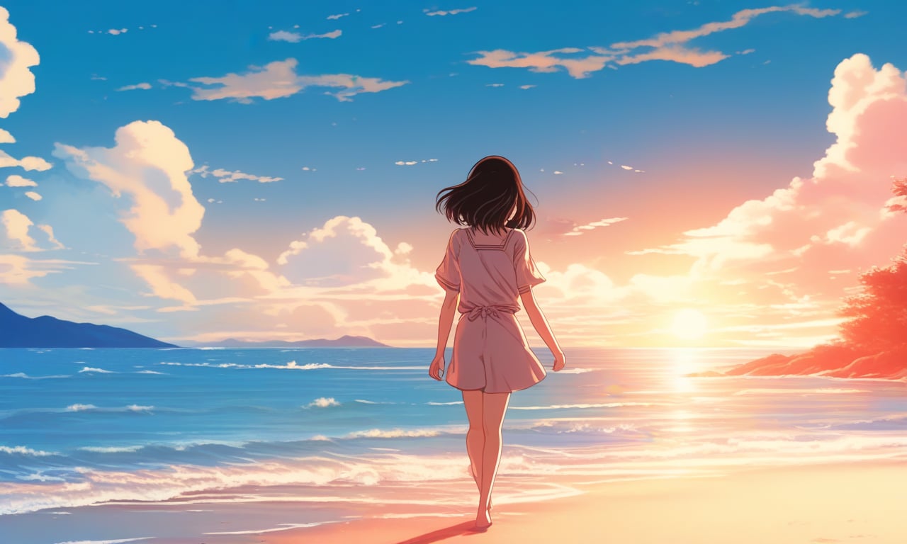 1980s , 1girl leaving the beach and heading back home, anime, lofi, summer daytime background, beach , 