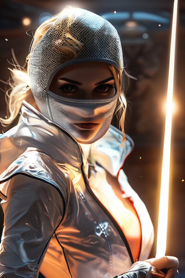 epic composition, cinematic lighting, masterpiece, a beautiful female sabre fencer, in full body white fencing jacket and fencing mask, she is in En Garde and holding Epee, blond hair, casting spell pose, frontal shot, fantasy background, full body portrait, dim volumetric lighting, 8k octane beautifully detailed render, intricate, 
