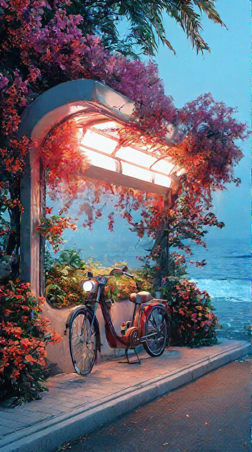 Surrealism, 80's japan, beautiful seashore view from highway ,best quality, daytime, bicycle on the street, bus stop on sideway,
high resolution,8k aesthetic,mesmerise light,floral atmosphere,vibrant light-trail effect on a realistic,hyperdetailed glowing floral,luminous foliage,dreamlike oasis-garden 