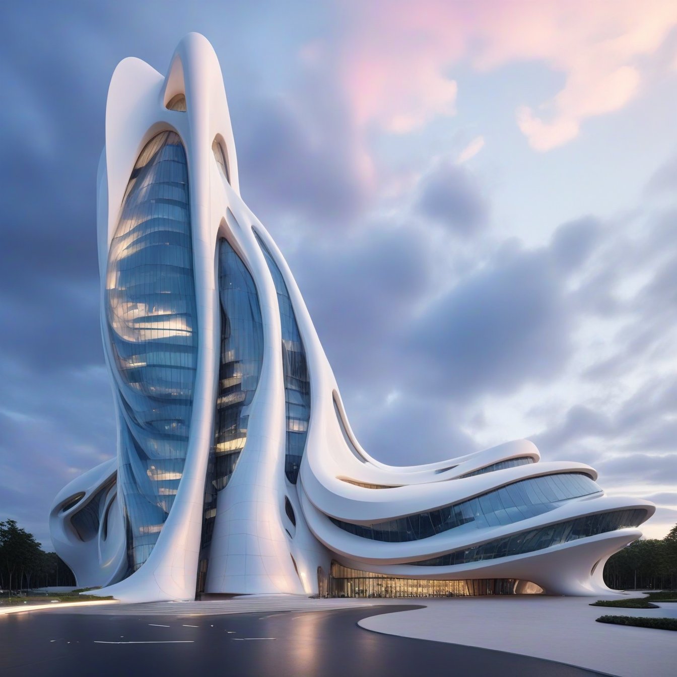 (master piece)(biomorphic building), smooth facade, zaha hadid, glass windows,  '90s warm light,concrete, Natural forest environment,minimalism, house with radiance , front street view,photo-realistic,hyper-realistic, parametric architecture,8k, ultra details,Low-rise building,Manufactured goods,Theatre stadium, Future Tower,ellipsoid,tarmac,Air terminal,seaside,musicality,less 
perforation,Tall and straight,freshness,Wide open space,Distant view,newage,At nightfall,Hale and hearty,Hard line,,
Nordic style,
An architectural wonder with a daring configuration and ground-breaking design.This structure could be a museum or a company building.4k image photo like,(detailed),Futuristic,Design,water,The wind,