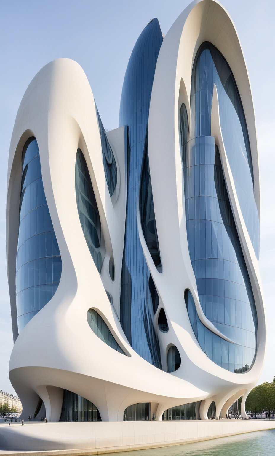 (master piece)(biomorphic building), smooth facade, zaha hadid, glass windows,  concrete, minimalism,London house with tesselated facade, front street view,photo-realistic,hyper-realistic, parametric architecture,8k, ultra details,Low-rise building,Manufactured goods,Theatre stadium,Eiffel Tower,ellipsoid,tarmac,Air terminal,seaside,musicality,less 
perforation,

An architectural wonder with a daring configuration and ground-breaking design.This structure could be a museum or a company building.4k image photo like,(detailed),Futuristic,Design,water,The wind,