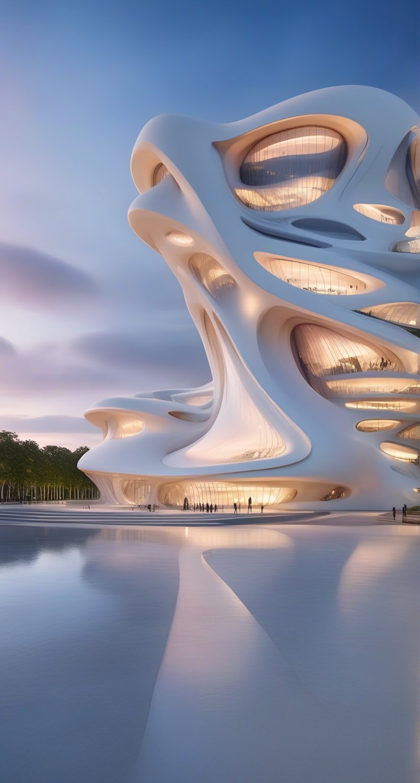 (master piece)(biomorphic building), smooth facade, zaha hadid, glass windows,  '90s warm light,concrete, Natural forest environment,minimalism, house with radiance , front street view,photo-realistic,hyper-realistic, parametric architecture,8k, ultra details,Low-rise building,Manufactured goods,Theatre stadium, Future Tower,ellipsoid,tarmac,Air terminal,seaside,musicality,less 
perforation,Tall and straight,freshness,Wide open space,Distant view,newage,At nightfall,Hard line,
Nordic style.
An architectural wonder with a daring configuration and ground-breaking design.This structure could be a museum or a company building.4k image photo like,(detailed),Futuristic,Design,water,The wind,