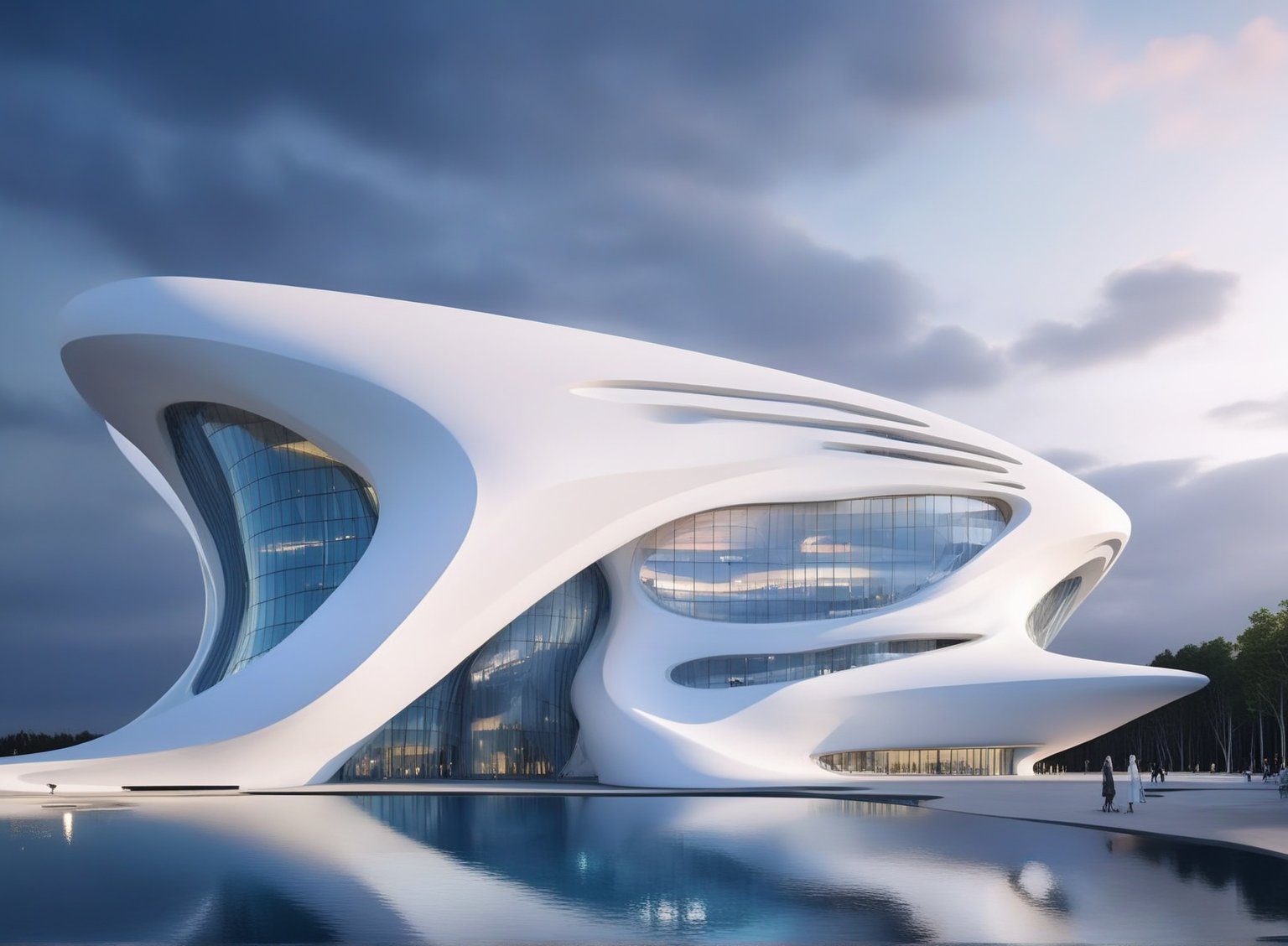 (master piece)(biomorphic building), smooth facade, zaha hadid, glass windows,  '90s warm light,concrete, Natural forest environment,minimalism, house with radiance , front street view,photo-realistic,hyper-realistic, parametric architecture,8k, ultra details,Low-rise building,Manufactured goods,Theatre stadium, Future Tower,ellipsoid,tarmac,Air terminal,seaside,musicality,less 
perforation,Tall and straight,freshness,Wide open space,Distant view,newage,At nightfall,Hale and hearty,Hard line,,
Nordic style,
An architectural wonder with a daring configuration and ground-breaking design.This structure could be a museum or a company building.4k image photo like,(detailed),Futuristic,Design,water,The wind,