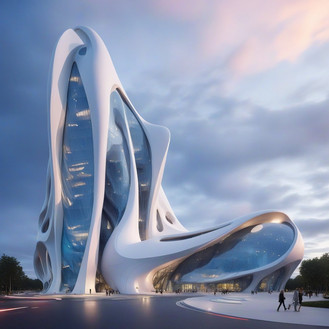 (master piece)(biomorphic building), smooth facade, zaha hadid, glass windows,  '90s warm light,concrete, Natural forest environment,minimalism, house with radiance , front street view,photo-realistic,hyper-realistic, parametric architecture,8k, ultra details,Low-rise building,Manufactured goods,Theatre stadium, Future Tower,ellipsoid,tarmac,Air terminal,seaside,musicality,less 
perforation,Tall and straight,freshness,Wide open space,Distant view,newage,At nightfall,Hale and hearty,Hard line,,
Nordic style,
An architectural wonder with a daring configuration and ground-breaking design.This structure could be a museum or a company building.4k image photo like,(detailed),Futuristic,Design,water,The wind,