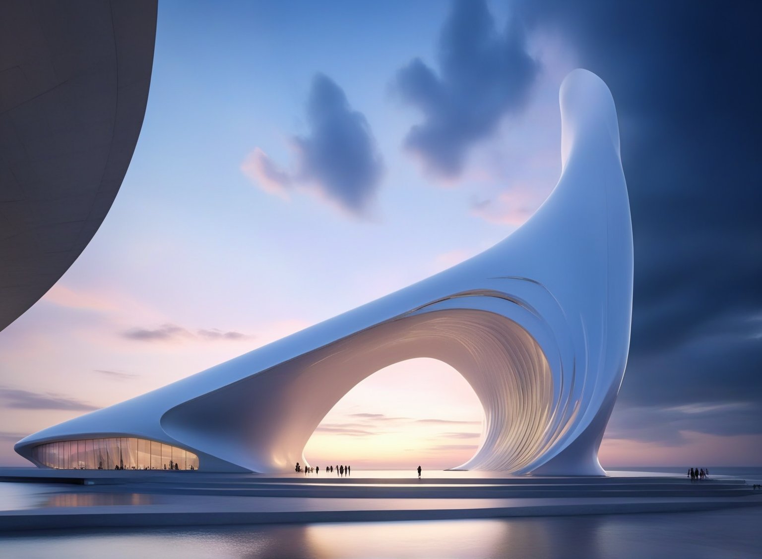 (master piece)(biomorphic building), smooth facade, zaha hadid, glass windows,  '90s warm light,concrete, Natural forest environment,minimalism, house with radiance , front street view,photo-realistic,hyper-realistic, parametric architecture,8k, ultra details,Low-rise building,Manufactured goods,Theatre stadium, Future Tower,ellipsoid,tarmac,Air terminal,seaside,musicality,less 
perforation,Tall and straight,freshness,Wide open space,Distant view,newage,At nightfall,Hale and hearty,Hard line,,
Nordic style,
An architectural wonder with a daring configuration and ground-breaking design.This structure could be a museum or a company building.4k image photo like,(detailed),Futuristic,Design,water,The wind,