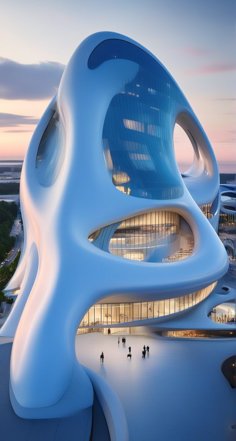 (master piece)(biomorphic building), smooth facade, zaha hadid, glass windows,  '90s warm light,concrete, Natural forest environment,minimalism, house with radiance , front street view,photo-realistic,hyper-realistic, parametric architecture,8k, ultra details,Low-rise building,Manufactured goods,Theatre stadium, Future Tower,ellipsoid,tarmac,Air terminal,seaside,musicality,less 
perforation,Tall and straight,freshness,Wide open space,Distant view,newage,At nightfall,Hard line,
Nordic style.
An architectural wonder with a daring configuration and ground-breaking design.This structure could be a museum or a company building.4k image photo like,(detailed),Futuristic,Design,water,The wind,