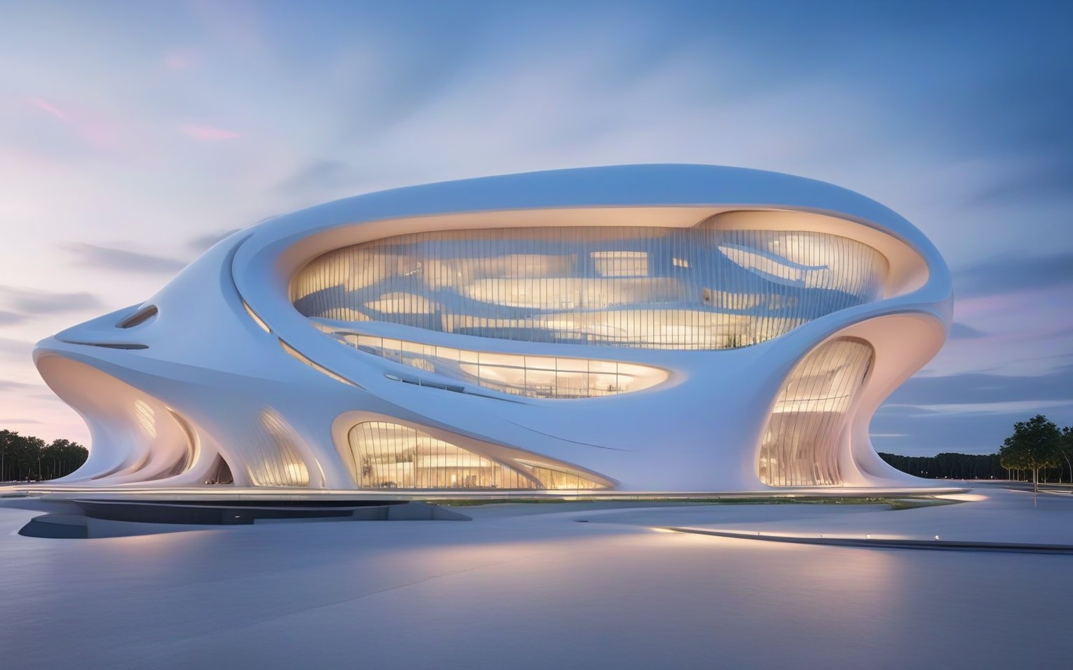 (master piece)(biomorphic building), smooth facade, zaha hadid, glass windows,  '90s warm light,concrete, Natural forest environment,minimalism, house with radiance , front street view,photo-realistic,hyper-realistic, parametric architecture,8k, ultra details,Low-rise building,Manufactured goods,Theatre stadium, Future Tower,ellipsoid,tarmac,Air terminal,seaside,musicality,less 
perforation,Tall and straight,freshness,Wide open space,Distant view,newage,At nightfall,Hard line,
Nordic style.
An architectural wonder with a daring configuration and ground-breaking design.This structure could be a museum or a company building.4k image photo like,(detailed),Futuristic,Design,water,The wind,