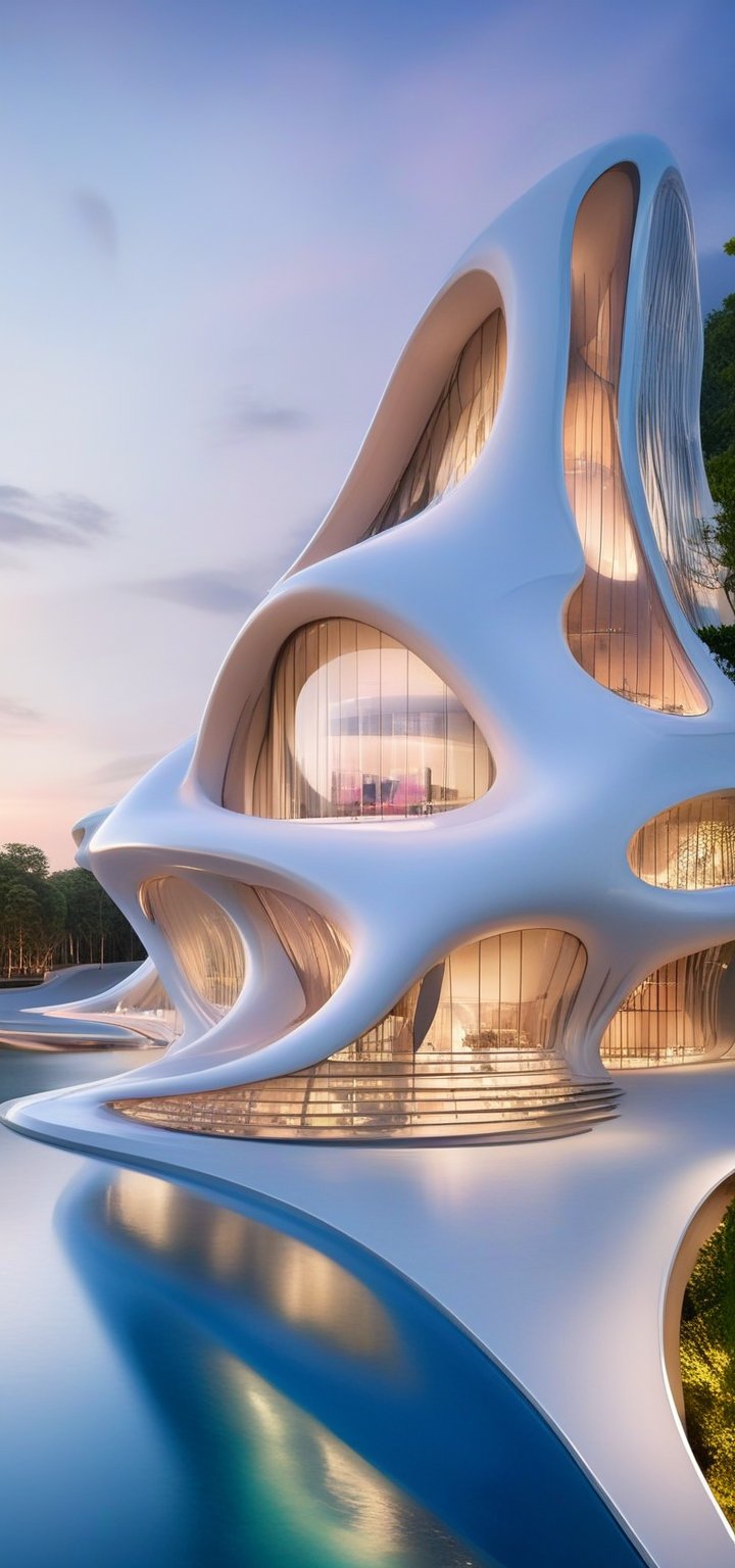 (master piece)(biomorphic building), smooth facade, zaha hadid, glass windows,  '90s warm light,concrete, Natural forest environment,minimalism, house with radiance , front street view,photo-realistic,hyper-realistic, parametric architecture,8k, ultra details,Low-rise building,Manufactured goods,Theatre stadium, Future Tower,ellipsoid,tarmac,Air terminal,seaside,musicality,less 
perforation,Tall and straight,freshness,Wide open space,Distant view,newage,At nightfall,

An architectural wonder with a daring configuration and ground-breaking design.This structure could be a museum or a company building.4k image photo like,(detailed),Futuristic,Design,water,The wind,