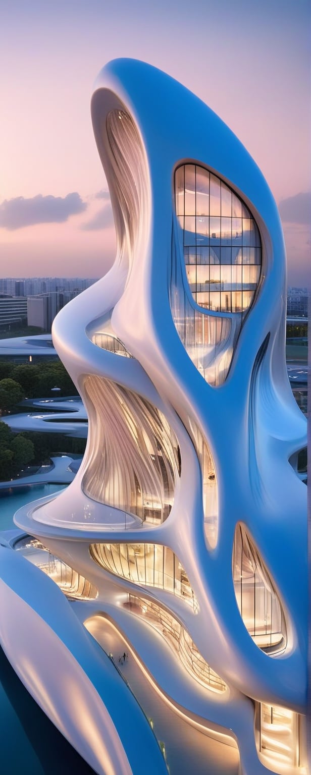 (master piece)(biomorphic building), smooth facade, zaha hadid, glass windows,  '90s warm light,concrete, Natural forest environment,minimalism, house with radiance , front street view,photo-realistic,hyper-realistic, parametric architecture,8k, ultra details,Low-rise building,Manufactured goods,Theatre stadium, Future Tower,ellipsoid,tarmac,Air terminal,seaside,musicality,less 
perforation,Tall and straight,freshness,Wide open space,Distant view,newage,At nightfall,Hard line,

An architectural wonder with a daring configuration and ground-breaking design.This structure could be a museum or a company building.4k image photo like,(detailed),Futuristic,Design,water,The wind,