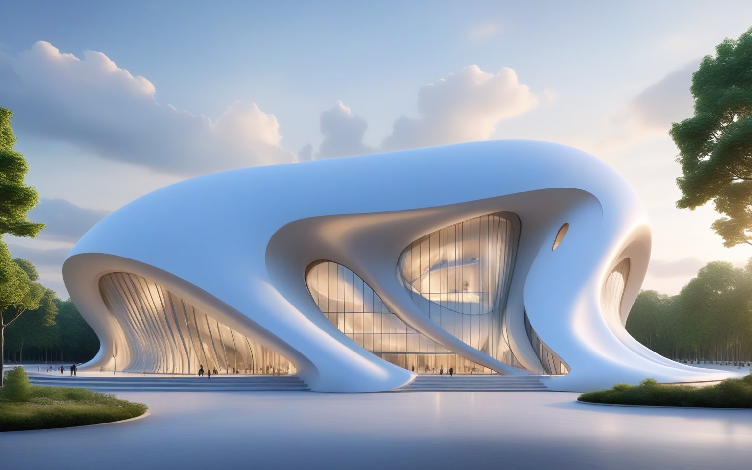 (master piece)(biomorphic building), smooth facade, zaha hadid, glass windows,  '90s warm light,concrete, Natural forest environment,minimalism, house with radiance , front street view,photo-realistic,hyper-realistic, parametric architecture,8k, ultra details,Low-rise building,Manufactured goods,Theatre stadium,Eiffel Tower,ellipsoid,tarmac,Air terminal,seaside,musicality,less 
perforation,Tall and straight,freshness,Wide open space,Distant view,newage,

An architectural wonder with a daring configuration and ground-breaking design.This structure could be a museum or a company building.4k image photo like,(detailed),Futuristic,Design,water,The wind,