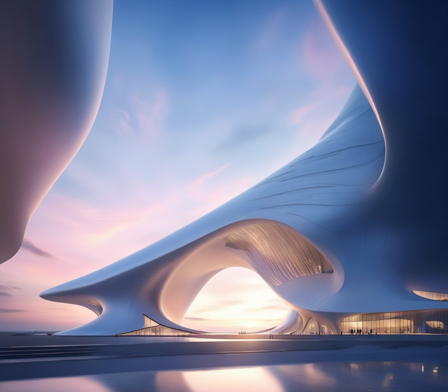 (master piece)(biomorphic building), smooth facade, zaha hadid, glass windows,  '90s warm light,concrete, Natural forest environment,minimalism, house with radiance , front street view,photo-realistic,hyper-realistic, parametric architecture,8k, ultra details,Low-rise building,Manufactured goods,Theatre stadium, Future Tower,ellipsoid,tarmac,Air terminal,seaside,musicality,less 
perforation,Tall and straight,freshness,Wide open space,Distant view,newage,At nightfall,Hale and hearty,Hard line,,
Nordic style,
An architectural wonder with a daring configuration and ground-breaking design.This structure could be a museum or a company building.4k image photo like,(detailed),Futuristic,Design,water,The wind,