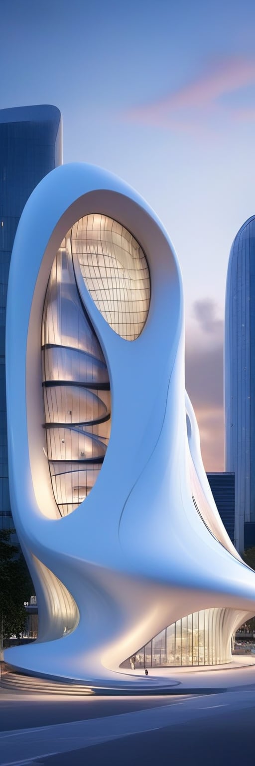 (master piece)(biomorphic building), smooth facade, zaha hadid, glass windows,  '90s warm light,concrete, Natural forest environment,minimalism, house with radiance , front street view,photo-realistic,hyper-realistic, parametric architecture,8k, ultra details,Low-rise building,Manufactured goods,Theatre stadium, Future Tower,ellipsoid,tarmac,Air terminal,seaside,musicality,less 
perforation,Tall and straight,freshness,Wide open space,Distant view,newage,At nightfall,Hale and hearty,Hard line,

An architectural wonder with a daring configuration and ground-breaking design.This structure could be a museum or a company building.4k image photo like,(detailed),Futuristic,Design,water,The wind,