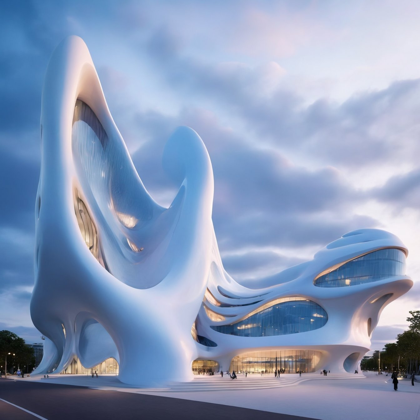 (master piece)(biomorphic building), smooth facade, zaha hadid, glass windows,  '90s warm light,concrete, Natural forest environment,minimalism, house with radiance , front street view,photo-realistic,hyper-realistic, parametric architecture,8k, ultra details,Low-rise building,Manufactured goods,Theatre stadium, Future Tower,ellipsoid,tarmac,Air terminal,seaside,musicality,less 
perforation,Tall and straight,freshness,Wide open space,Distant view,newage,At nightfall,Hale and hearty,Hard line,,
Nordic style,dream style,
An architectural wonder with a daring configuration and ground-breaking design.This structure could be a museum or a company building.4k image photo like,(detailed),Futuristic,Design,water,The wind,