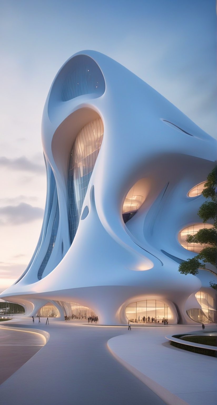 (master piece)(biomorphic building), smooth facade, zaha hadid, glass windows,  '90s warm light,concrete, Natural forest environment,minimalism, house with radiance , front street view,photo-realistic,hyper-realistic, parametric architecture,8k, ultra details,Low-rise building,Manufactured goods,Theatre stadium, Future Tower,ellipsoid,tarmac,Air terminal,seaside,musicality,less 
perforation,Tall and straight,freshness,Wide open space,Distant view,newage,At nightfall,Hard line,
Nordic style.
An architectural wonder with a daring configuration and ground-breaking design.This structure could be a museum or a company building.4k image photo like,(detailed),Futuristic,Design,water,The wind,