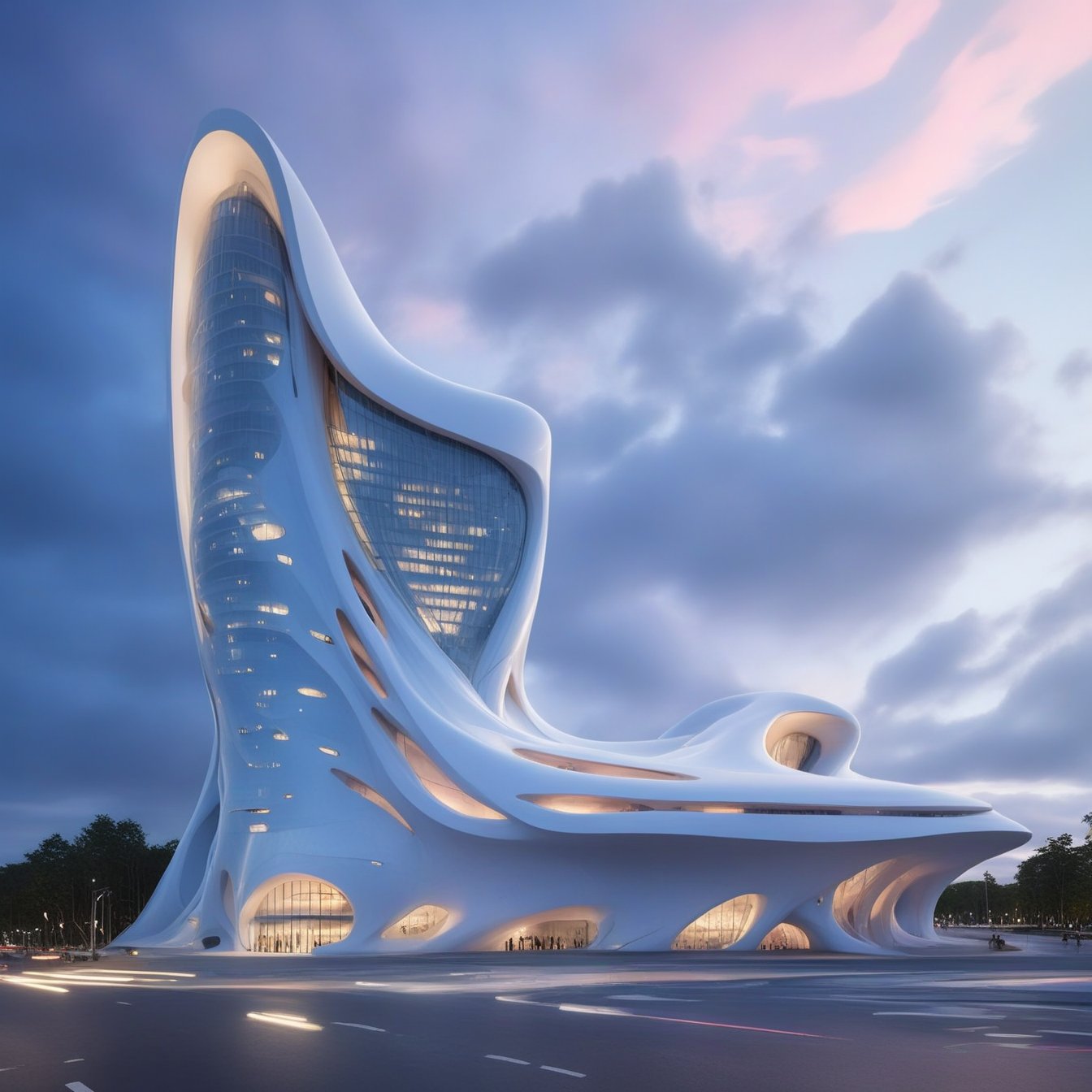 (master piece)(biomorphic building), smooth facade, zaha hadid, glass windows,  '90s warm light,concrete, Natural forest environment,minimalism, house with radiance , front street view,photo-realistic,hyper-realistic, parametric architecture,8k, ultra details,Low-rise building,Manufactured goods,Theatre stadium, Future Tower,ellipsoid,tarmac,Air terminal,seaside,musicality,less 
perforation,Tall and straight,freshness,Wide open space,Distant view,newage,At nightfall,Hale and hearty,Hard line,,
Nordic style,dream style,
An architectural wonder with a daring configuration and ground-breaking design.This structure could be a museum or a company building.4k image photo like,(detailed),Futuristic,Design,water,The wind,