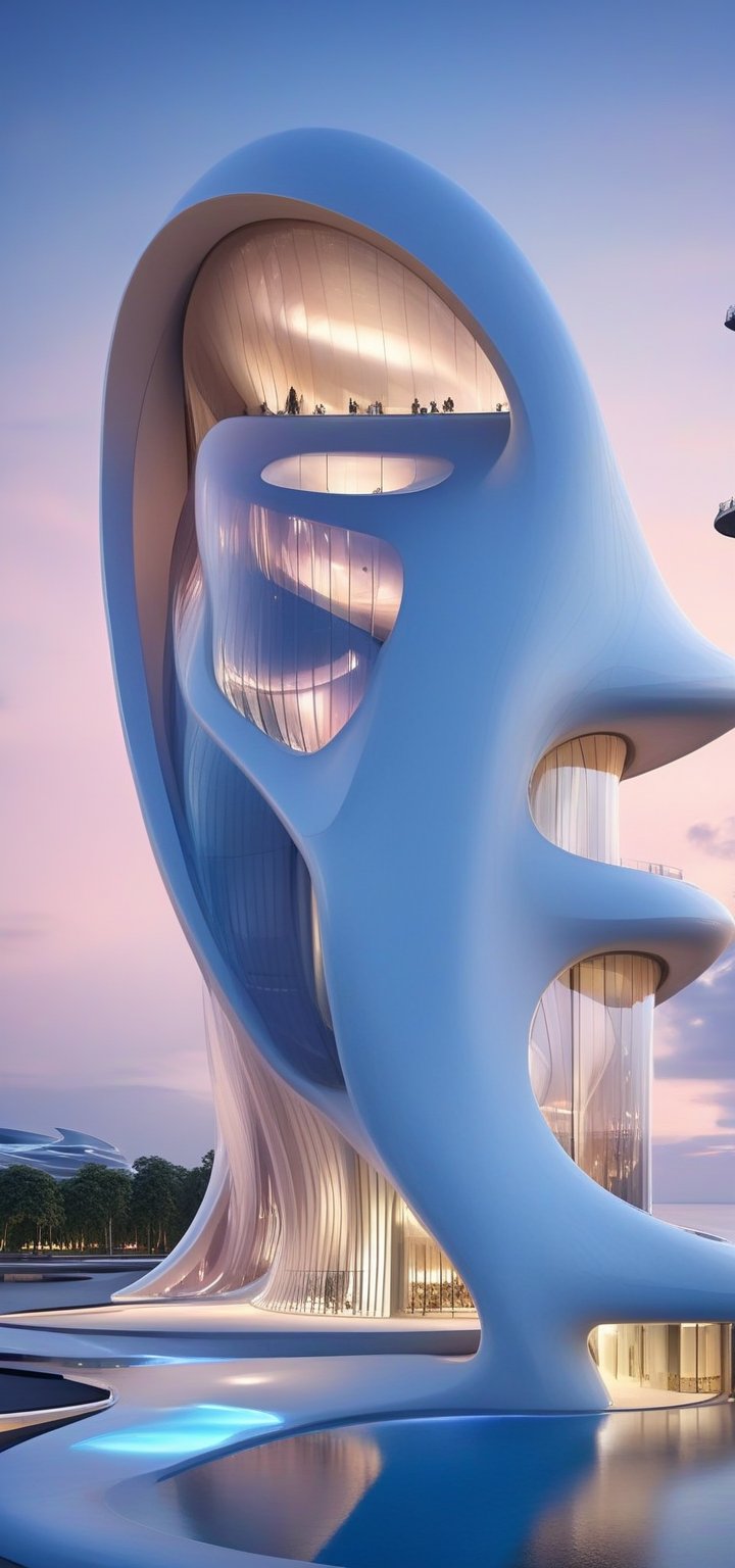 (master piece)(biomorphic building), smooth facade, zaha hadid, glass windows,  '90s warm light,concrete, Natural forest environment,minimalism, house with radiance , front street view,photo-realistic,hyper-realistic, parametric architecture,8k, ultra details,Low-rise building,Manufactured goods,Theatre stadium, Future Tower,ellipsoid,tarmac,Air terminal,seaside,musicality,less 
perforation,Tall and straight,freshness,Wide open space,Distant view,newage,At nightfall,

An architectural wonder with a daring configuration and ground-breaking design.This structure could be a museum or a company building.4k image photo like,(detailed),Futuristic,Design,water,The wind,