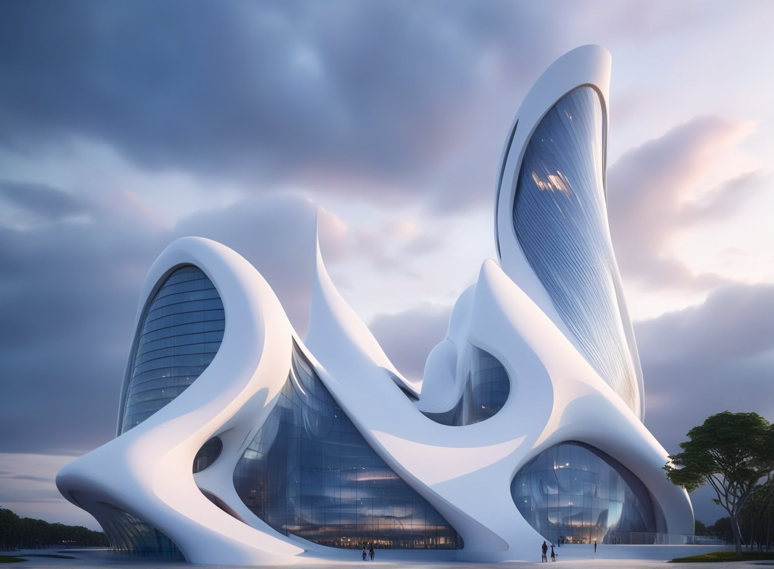 (master piece)(biomorphic building), smooth facade, zaha hadid, glass windows,  '90s warm light,concrete, Natural forest environment,minimalism, house with radiance , front street view,photo-realistic,hyper-realistic, parametric architecture,8k, ultra details,Low-rise building,Manufactured goods,Theatre stadium, Future Tower,ellipsoid,tarmac,Air terminal,seaside,musicality,less 
perforation,Tall and straight,freshness,Wide open space,Distant view,newage,At nightfall,Hale and hearty,Hard line,,
Nordic style,
An architectural wonder with a daring configuration and ground-breaking design.This structure could be a museum or a company building.4k image photo like,(detailed),Futuristic,Design,water,The wind,