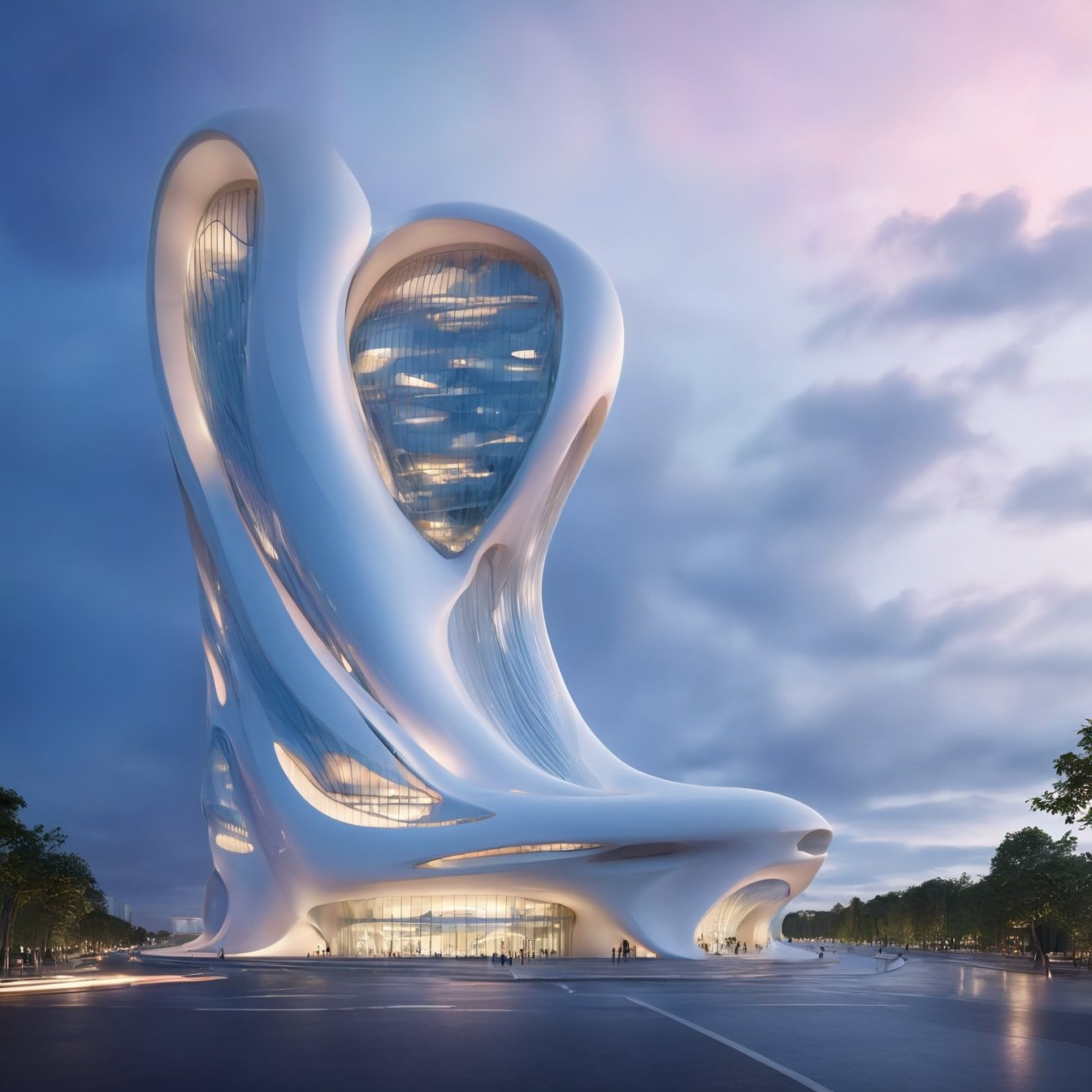 (master piece)(biomorphic building), smooth facade, zaha hadid, glass windows,  '90s warm light,concrete, Natural forest environment,minimalism, house with radiance , front street view,photo-realistic,hyper-realistic, parametric architecture,8k, ultra details,Low-rise building,Manufactured goods,Theatre stadium, Future Tower,ellipsoid,tarmac,Air terminal,seaside,musicality,less 
perforation,Tall and straight,freshness,Wide open space,Distant view,newage,At nightfall,Hale and hearty,Hard line,,
Nordic style,dream style,
An architectural wonder with a daring configuration and ground-breaking design.This structure could be a museum or a company building.4k image photo like,(detailed),Futuristic,Design,water,The wind,