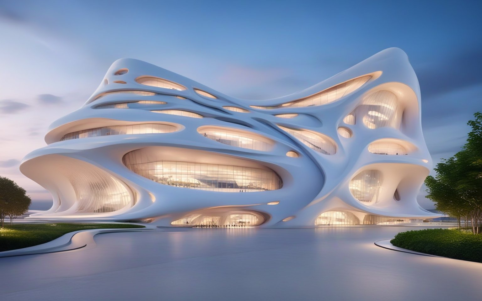 (master piece)(biomorphic building), smooth facade, zaha hadid, glass windows,  '90s warm light,concrete, Natural forest environment,minimalism, house with radiance , front street view,photo-realistic,hyper-realistic, parametric architecture,8k, ultra details,Low-rise building,Manufactured goods,Theatre stadium, Future Tower,ellipsoid,tarmac,Air terminal,seaside,musicality,less 
perforation,Tall and straight,freshness,Wide open space,Distant view,newage,At nightfall,Hard line,
Nordic style.
An architectural wonder with a daring configuration and ground-breaking design.This structure could be a museum or a company building.4k image photo like,(detailed),Futuristic,Design,water,The wind,