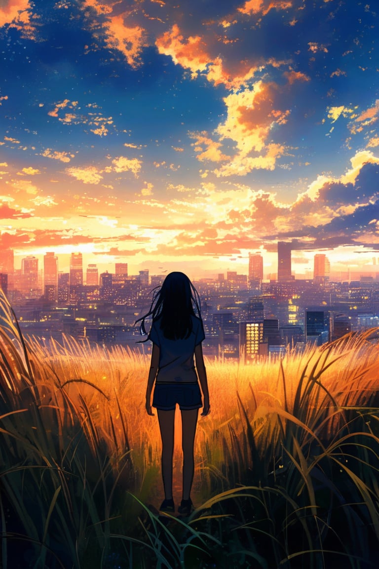 1girl, solo, long hair, black hair, standing, outdoors, sky, shorts, cloud, from behind, cloudy sky, grass, wind, building, scenery, city, facing away, cityscape, architecture