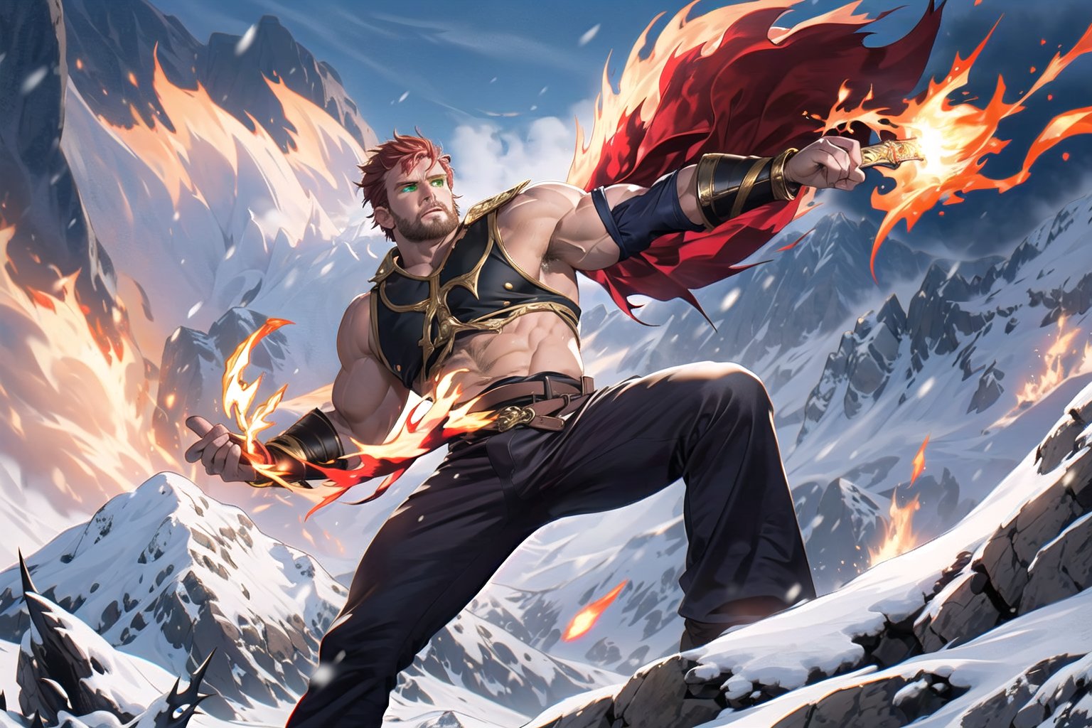 Rand Al'Thor, majestic warrior-king, stands regally atop a rugged mountain peak, winds howling and snow swirling around him in a dramatic framing shot. Golden thorns adorn his short (red hair), while his chiseled face, covered in reddish beard, gazes intensely at the viewer with green eyes holding secrets. A gold and red tunic accentuates bulging muscles, paired with tight-fitting black and silver pants on strong legs. His right arm rises above his head, grasping a silver sword with  flames dancing upon it. In his left hand, he holds a small ball of fire.