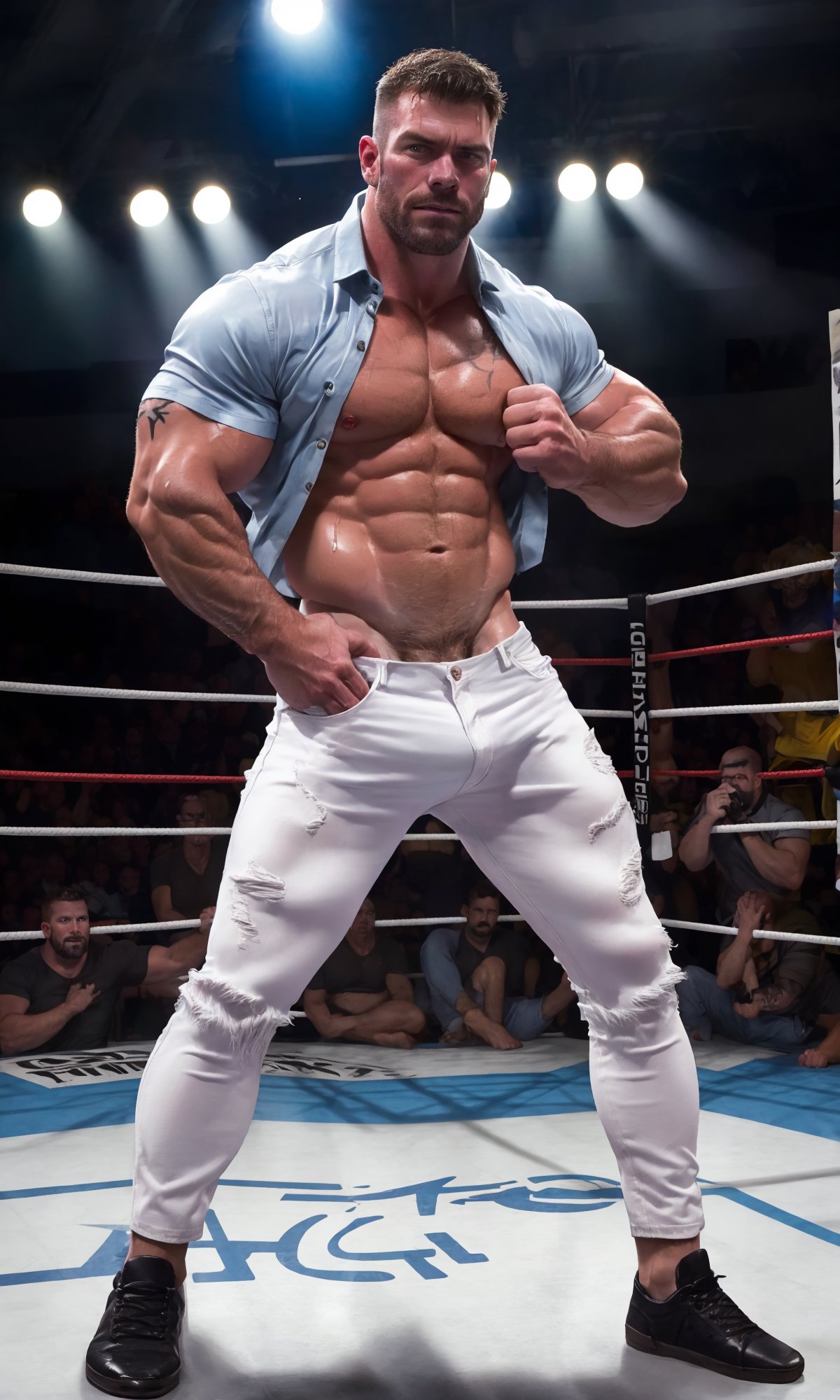 best quality, 8k, 1man, (front Photo), shiny skin, shaved face, standing in a wrestling rink, looking at camera, making eye contact, sweaty and menacing, wearing ((white jeans)), wet jeans, pulled down:1.45, pulling on his bulgeJ, nice shirt, open shirt, visible chest tattoos, masterpiece, highly detailed face and skin, realistic, mature, male focus, light particles, rim light, Use light to shine through clothes to reveal muscle contours, full body,