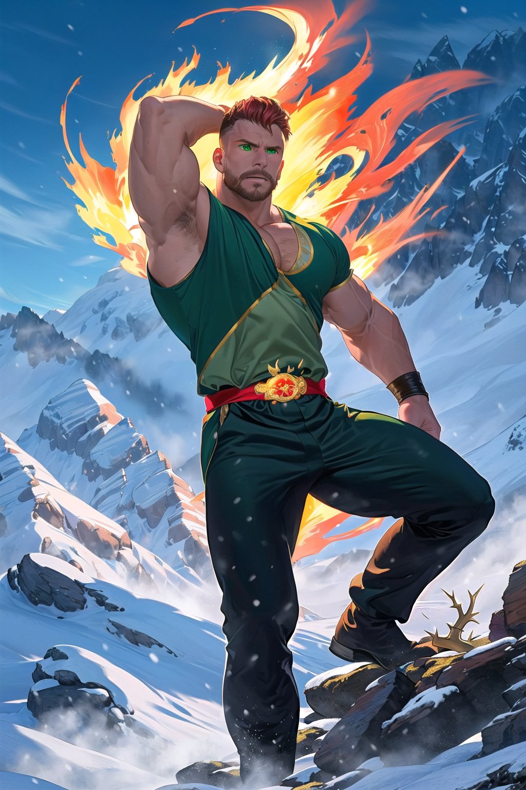 Rand Al'Thor, majestic warrior-king, stands regally atop a rugged mountain peak, winds howling and snow swirling around him in a dramatic framing shot. Golden thorns adorn his short (red hair), while his chiseled face, covered in reddish beard, gazes intensely at the viewer with green eyes holding secrets. A gold and red tunic accentuates bulging muscles, paired with tight-fitting black and silver pants on strong legs. His right arm rises above his head, grasping a silver sword with  flames dancing upon it. In his left hand, he holds a small ball of fire.