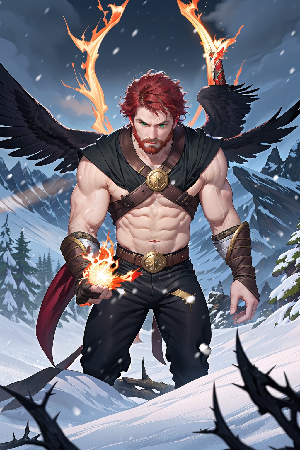 Rand Al'Thor, majestic warrior-king, stands regally atop a rugged mountain peak, winds howling and snow swirling around him in a dramatic framing shot. Golden thorns adorn his short (red hair), while his chiseled face, covered in reddish beard, gazes intensely at the viewer with green eyes holding secrets. A gold and red tunic accentuates bulging muscles, paired with tight-fitting black and silver pants on strong legs. His right arm rises above his head, grasping a silver sword with black heron marks on blade and hilt, as flames dance upon it. In his left hand, he holds a small ball of fire.