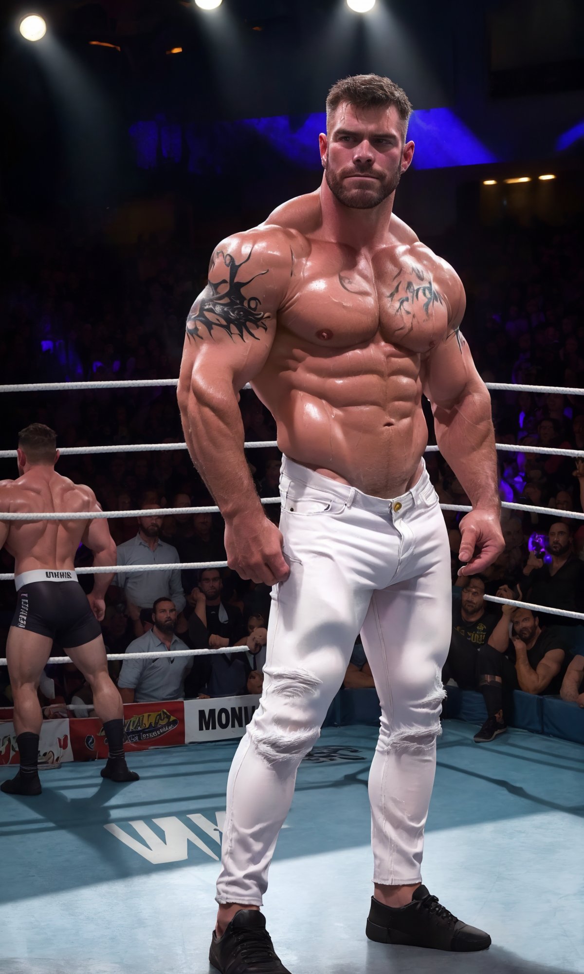 best quality, 8k, 1man, (front Photo), shiny skin, shaved face, standing in a wrestling rink, looking at camera, making eye contact, sweaty and menacing, wearing ((white jeans)), wet jeans, pulled down:1.45, pulling on his bulgeJ, no shirt, visible chest tattoos, masterpiece, highly detailed face and skin, realistic, mature, male focus, light particles, rim light, Use light to shine through clothes to reveal muscle contours, full body,