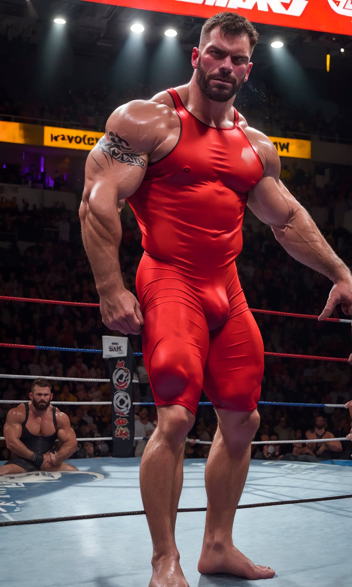 best quality, 8k, 1man, (front Photo), shiny skin, facial hair, standing in a wrestling rink, looking at camera, making eye contact, sweaty and menacing, (wearing shiny red wrestling singlet),, visible chest tattoos, masterpiece, highly detailed face and skin, realistic, mature, male focus, light particles, rim light, Use light to shine through clothes to reveal muscle contours, full body,