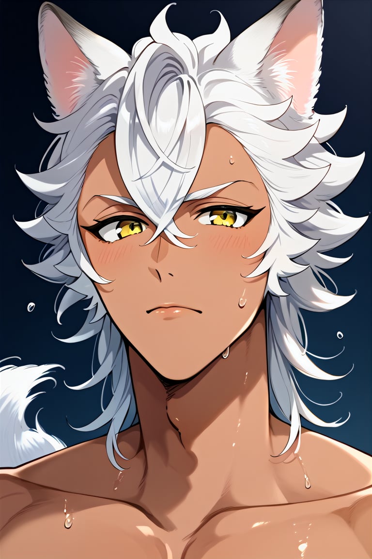 score_9,score_8_up,score_7_up,best quality,,best quality,jack howl, twisted wonderland, 1boy, animal ears, white wolf ears, white hair, medium hair, yellow eyes, dark-skinned male, tan, muscular male, muscular, wolf tail, solo, hair between eyes, sweat, sweating