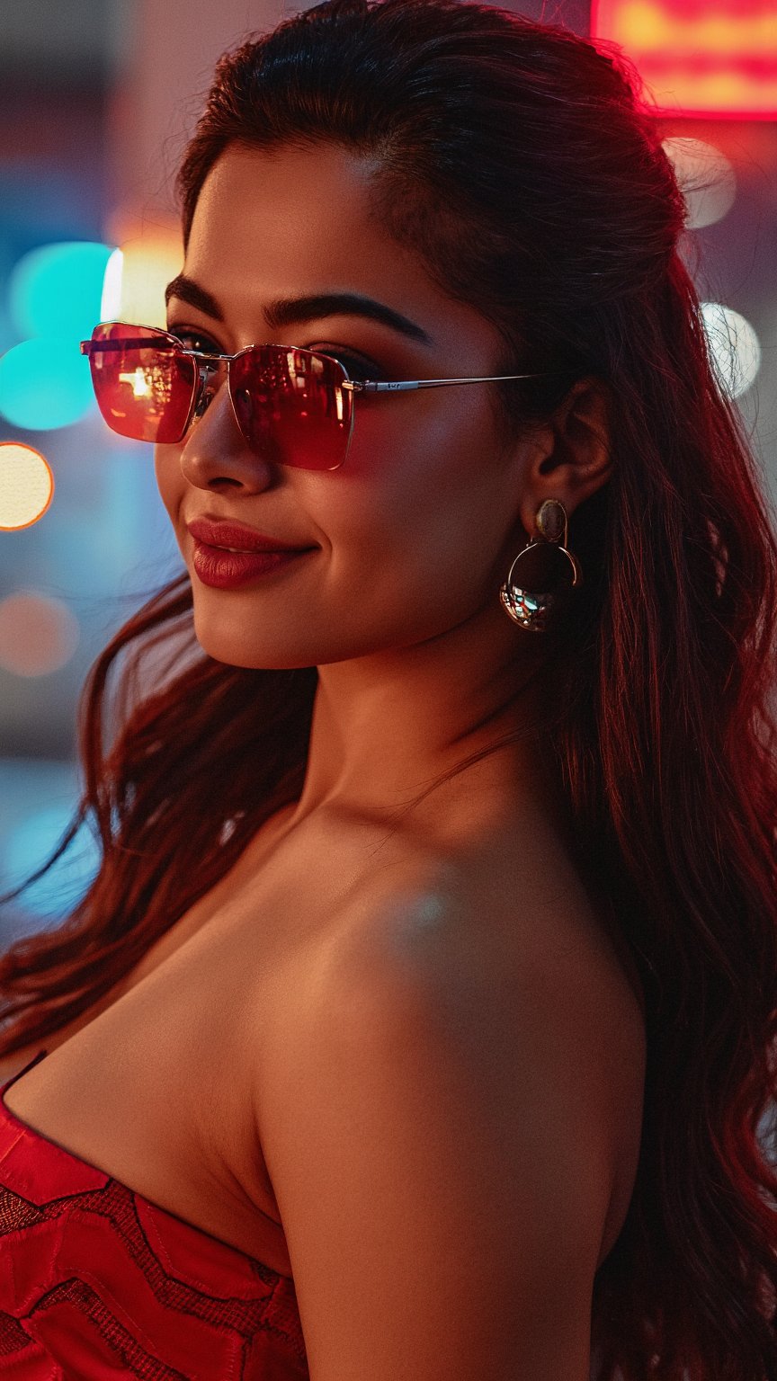 a photo of a sexy curvy rashmika as a cyberpunk lady from a cyberpunk world, accessories, sexy curvy body, confident smirk, red sunglasses, cinematic lighting,full body view, large earrings, DSLR quality,VNS_Add more details,Detailed skin