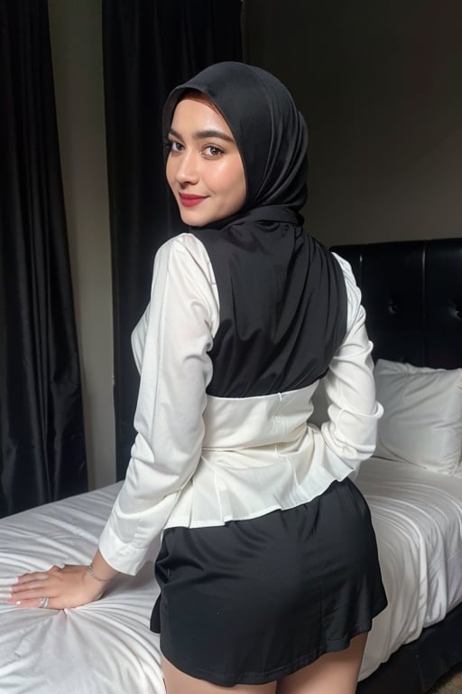 (Top quality, 32k, high contrast, UHD:1.2), lifelike rendering, Photo of Woman wearing beautiful BLACK HIJAB, standing with beautiful curves body, camera from behind, show perfect little ass, body wearing WHITE FORMAL LACE SHIRT, small flat breast, lower of the body wearing long black skirt, hes skirt covering the legs, Black Stocking,  1girl, stunning, double eyelids, shiny eyes highly detailed, glossy plump lips, light lipstick, daily makeup, detailed facial features, wide hips, balanced female body, soft curves, (pale skin: 1.3), genuine skin texture detail, ((BLACK HIJAB 2.5)), (at the bedroom, dark theme: 1.4), sexy face, sexy eyes, ((BLACK LONG SKIRT 2.5)), wide smile, photon mapping, detailed fabric rendering, bella, photorealistic, ray tracing, 8k, Masterpiece