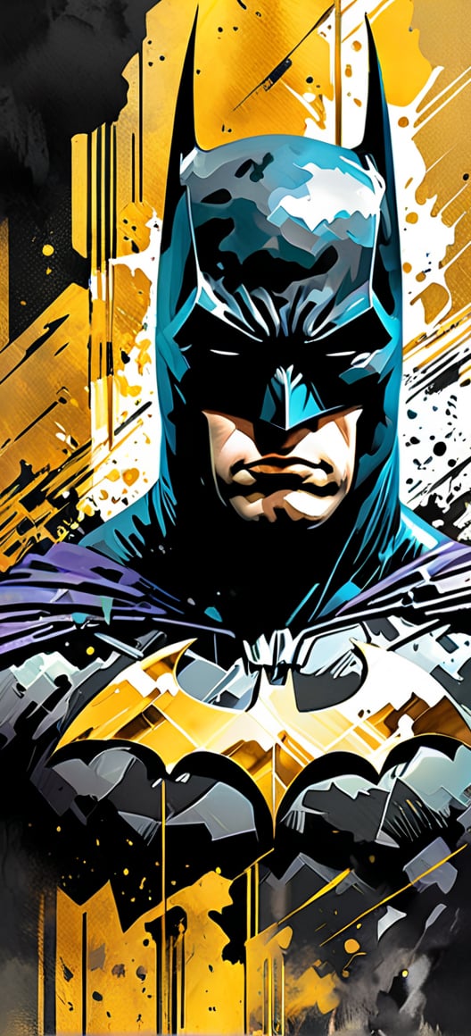 Batman, urban Comics, black and gold flag ornaments, Marvel, sci fi, highly technology, iconographic, glitch background, , watercolor, ink, mist, interactive image, highly detailed, art style by Clayton Crain + Ross Tran + Rachel Walpole + Jeszika Le Vye + Dan Volbert + Simon Stalenhag + Brian Stelfreeze