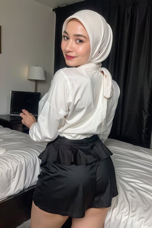 (Top quality, 32k, high contrast, UHD:1.2), lifelike rendering, Photo of Woman wearing beautiful BLACK HIJAB, standing with beautiful curves body, camera from behind, show perfect little ass, body wearing WHITE FORMAL LACE SHIRT, small flat breast, lower of the body wearing long black skirt, hes skirt covering the legs,  1girl, stunning, double eyelids, shiny eyes highly detailed, glossy plump lips, light lipstick, daily makeup, detailed facial features, wide hips, balanced female body, soft curves, (pale skin: 1.3), genuine skin texture detail, ((BLACK HIJAB 2.5)), (at the bedroom, dark theme: 1.4), sexy face, sexy eyes, ((BLACK LONG SKIRT 2.5)), wide smile, photon mapping, detailed fabric rendering, bella, photorealistic, ray tracing, 8k, Masterpiece