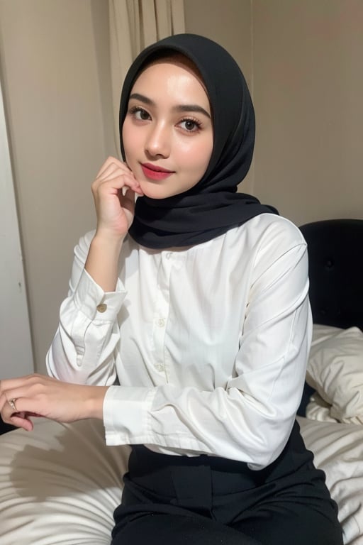 (Top quality, 32k, high contrast, UHD:1.2), lifelike rendering, Photo of Woman wearing beautiful Black Hijab, body with long sleeve formal white shirt, lower part of the body wearing Long  Black skirt, hes skirt covering the legs. 1girl, stunning, double eyelids, shiny eyes highly detailed, glossy plump lips, light lipstick, hand closed mouth, daily makeup, detailed facial features, wide hips, long legs, balanced female body, soft curves, (pale skin: 1.3), genuine skin texture detail, (Black Hijab 1.5), (at the bedroom, dark theme: 1.4), sexy face, sexy eyes, (Black Long Skirt 1.5), smile, photon mapping, (beautiful legs), detailed fabric rendering, bella, photorealistic, ray tracing, 8k, Masterpiece.