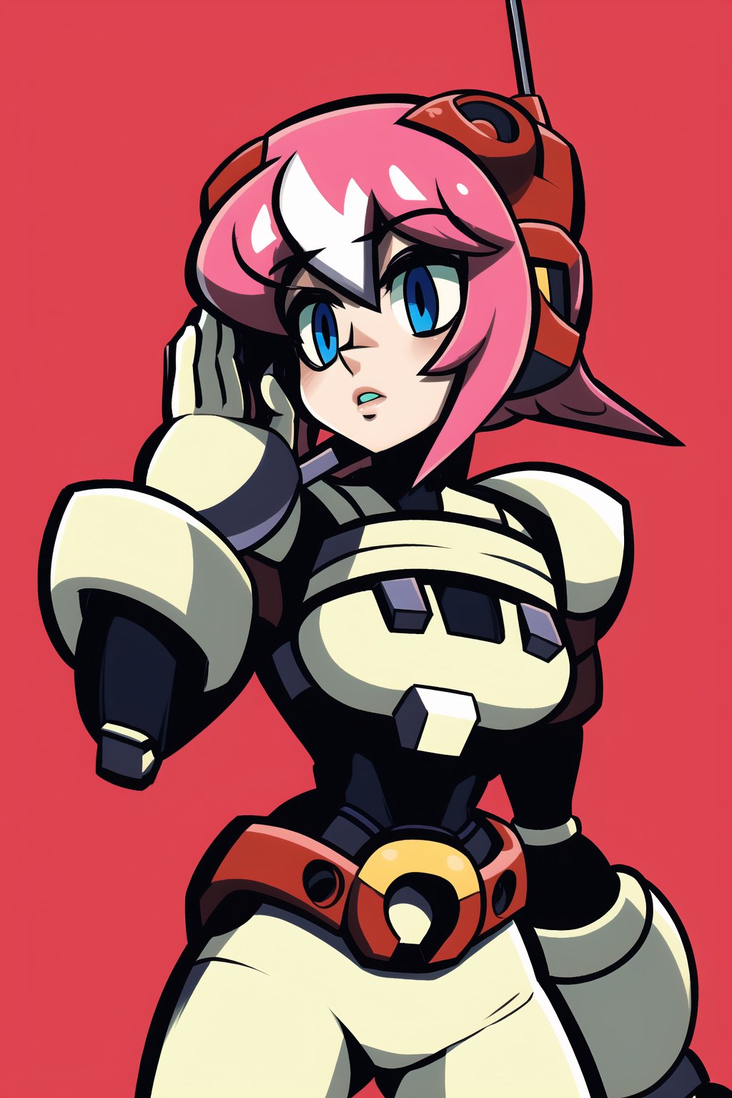 nana(megamanx),pink hair, blue eyes, short hair, bangs,android, armor, robot ears, gloves,bodysuit, white gloves, headgear,headset, belt