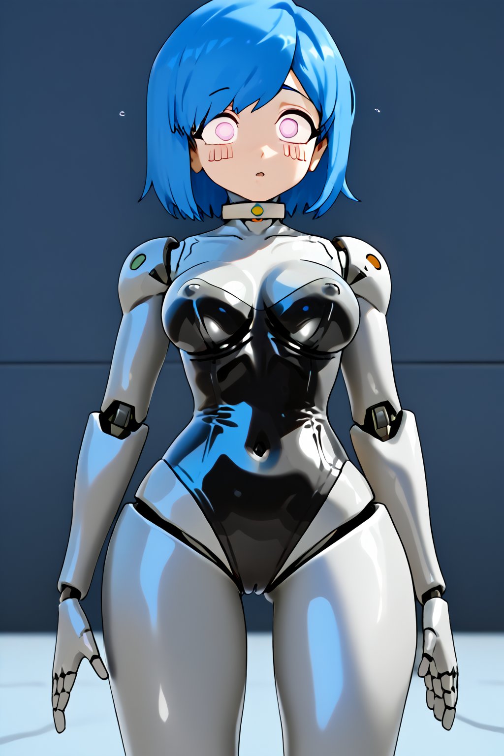 Fembot, leotard outfit and hypnotized eyes, fembot, FemBot,robotskin, cyborg, ,graybot,skyblue,Robot skin,Android skin, (graybot:1.3), choker, collar, latex bodysuit