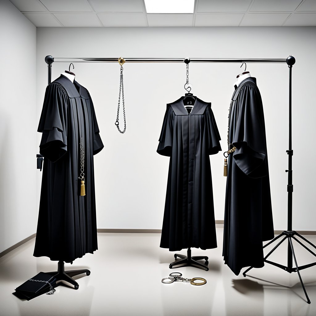 A judge's robe hanging on a mannequin and handcuffs on the ground in a neutral environment