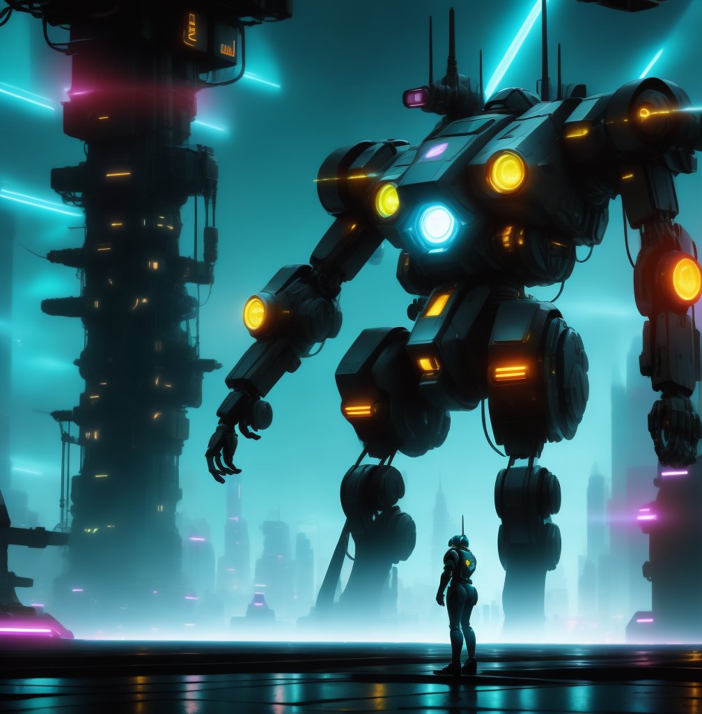 A futuristic cityscape at dusk, with a retro-futuristic art style. In the center, a towering mech stands tall, its bright yellow eye glowing like a beacon of power. The mech's robotic arm holds aloft an instrument, a futuristic synthesizer emitting sparks of electricity. The surrounding landscape is darkened, with neon lights reflecting off wet pavement, creating a vibrant yet gritty atmosphere.