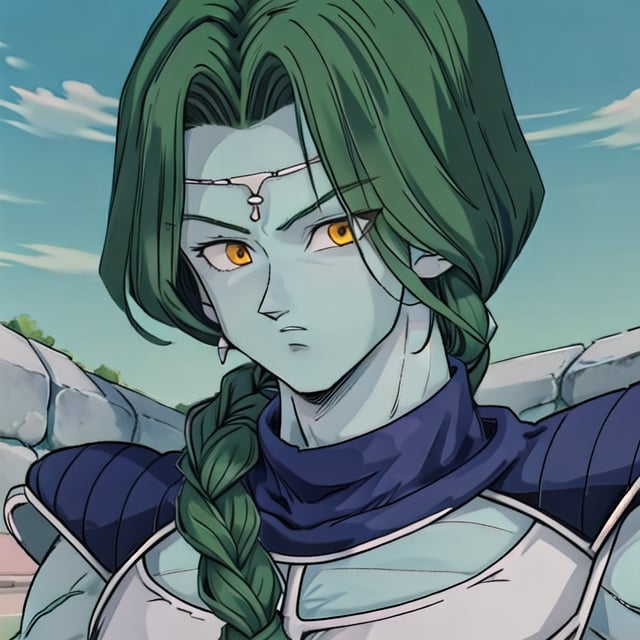 zarbon,1boy,male,solo,blue skin,yellow eyes,long green hair,single braid,hair over the shoulder