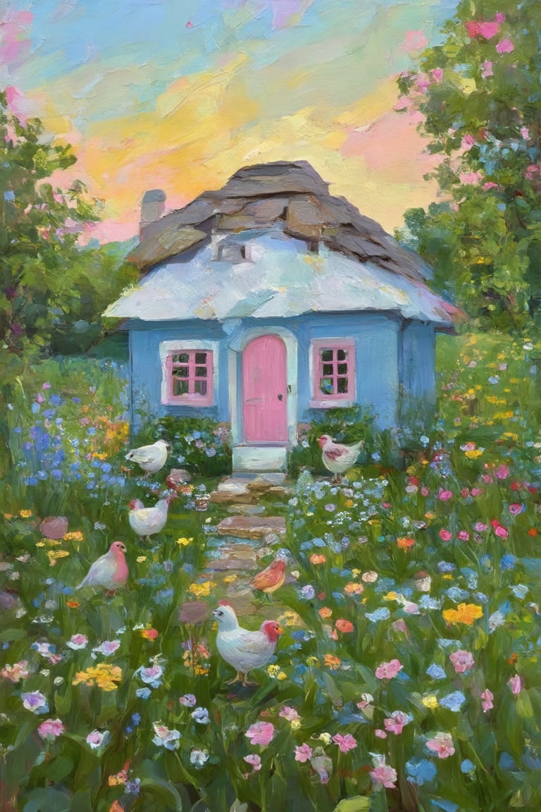 a vibrant and whimsical garden scene centered around a quaint cottage. The architecture of the cottage is simplistic, with a white roof and pink door and window frames, which contrast against the blue walls. The garden is lush and colorful, featuring an array of flowers and plants that add to the idyllic atmosphere. The presence of birds and chickens suggests a peaceful coexistence with nature. The sky is painted in warm hues of pink and yellow, indicating either sunrise or sunset, which adds a sense of tranquility to the scene. The overall impression is one of a serene and picturesque setting, likely meant to evoke feelings of calm and contentment.,Claude Monet,pastel brushstrokes,Coquette aesthetic,
