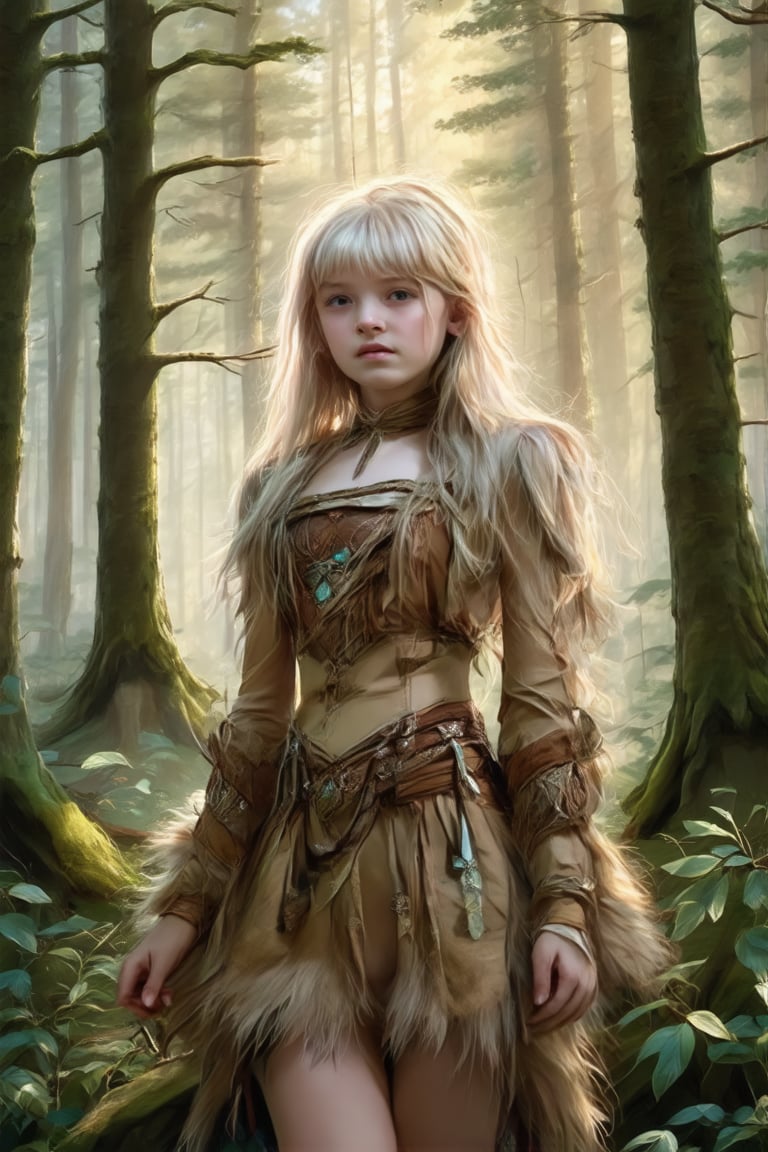 A 12-year-old blonde-haired girl with long locks and pale skin stands defiantly amidst the forest's dense foliage, her angry expression radiating from beneath her messy, wind-tousled bangs. Her slender frame and prominent collarbone are accentuated by the fitted fabric of her wild, earth-toned attire. The gentle rustling of leaves and twigs frames the shot, with warm sunlight filtering through the treetops to illuminate her features.